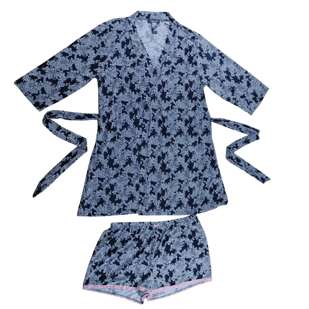 Rene Rofe Sleepwear Women's Black White Floral Robe Kimono Shorts Set‎  Size L